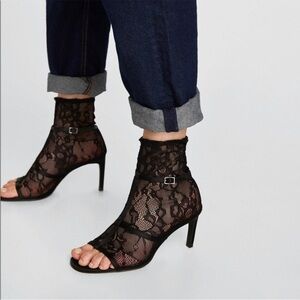 ZARA Black Lace High Heel Peep Toe Ankle Sandals